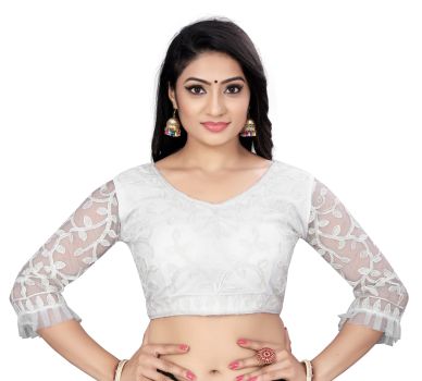 White Nylon Net With Cording Embroidery Blouse