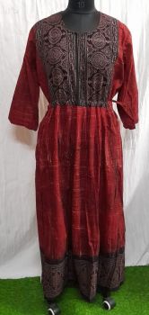 Red Pure Handloom Ajrakh Brush Printed Long Frock From Bengal