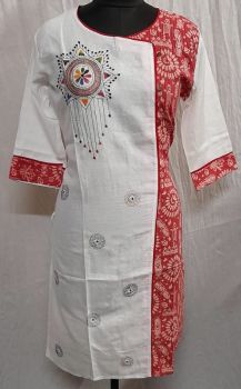 White Red Pure Handloom Kantha Stitch Kurti From Bengal