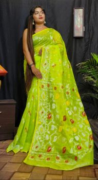 Light Green Leaf Design Pure Handloom Soft Dhakai Jamdani Saree