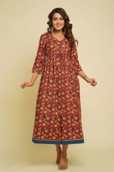 RED FLOWER PRINTED FLARED COTTON DRESS