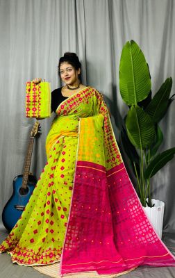 Light Yellow Handloom Dhakai Jamdani Saree From Bengal