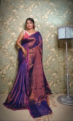 Midnight Blue Pure Handloom Tissue Silk Saree From Bengal