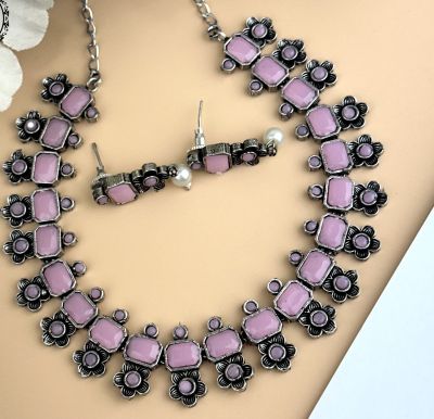 Silver Pure Oxidised Necklace With Lavender Stone Jewellery