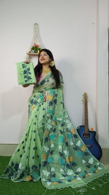 Aqua Green Pure Handloom Cotton Saree From Bengal