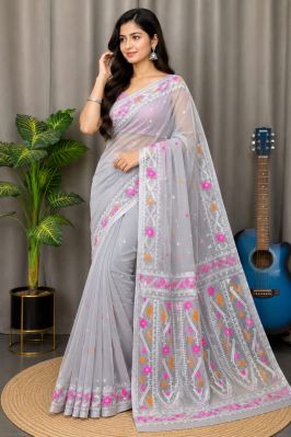 Gray Pure Handloom Dhakai Jamdani Saree From Bengal