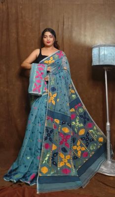 Blue Grey Pure Handloom Jamdani Saree From Bengal