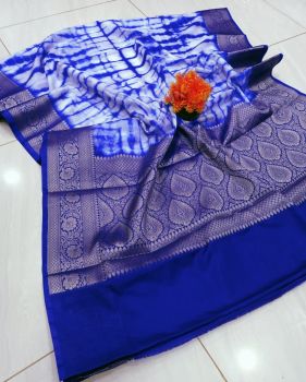 Royal Blue White Printed Pure Handloom Silk Saree