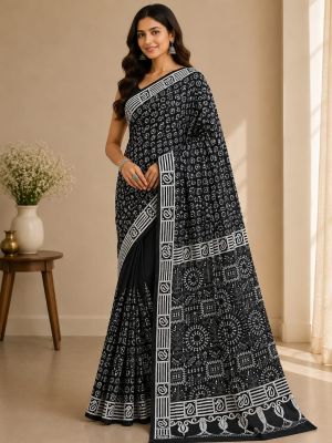Black Pure Handloom Semi Silk Kanthastitch Saree From Bengal