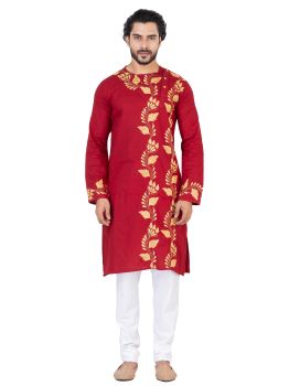 Red Pure Handloom Kantha Stitch Cotton Kurta