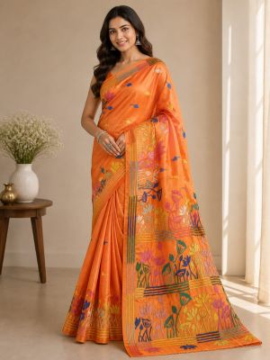 Carrot Pure Handloom Semi Silk Kanthastitch Saree From Bengal