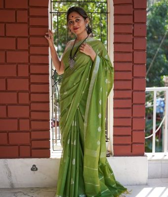 Green Pure Handloom Linen By Linen Saree From Banaras