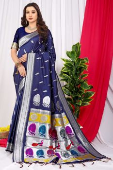 Navy Blue Peacock Design Rich Pallu Meenakari Work Paithani Soft Silk Saree