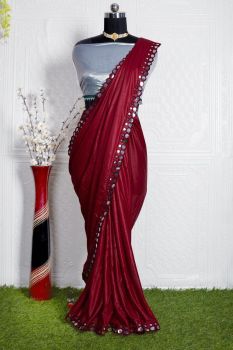 Maroon Plain Body Embroidery Work Satin Saree