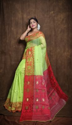 Greenish Tan Pure Handloom Dhakai Jamdani Saree From Bengal