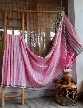 Pink White Checks Pure Cotton Handloom Saree From Kamrup Assam