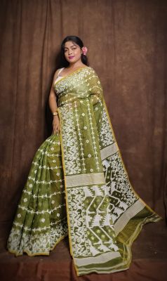 Mehandi Green Pure Handloom Dhakai Jamdani Saree From Bengal