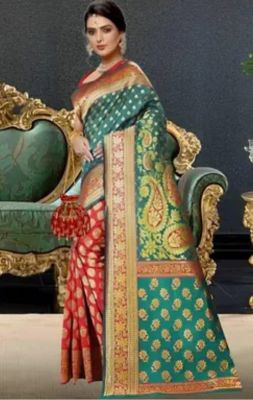 Red Green Pure Handloom Banarasi Silk Cotton Saree From Banaras