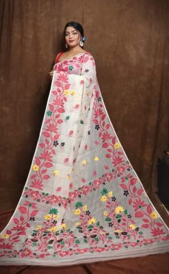 White Pure Handloom Dhakai Jamdani Saree From Bengal