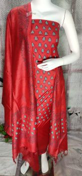 Dark Red Katan Slub Block Print Suit Dress Material