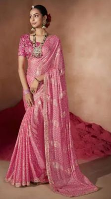 Rose Pink Pure Handloom Georgette Saree From Banaras