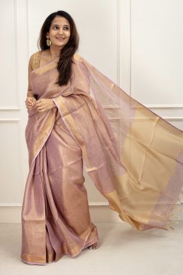 Pink Tissue Linen Pure Handloom Saree From Bhagalpur