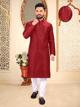 Men Maroon Silk Embroidery Work Neck Pattern kurta