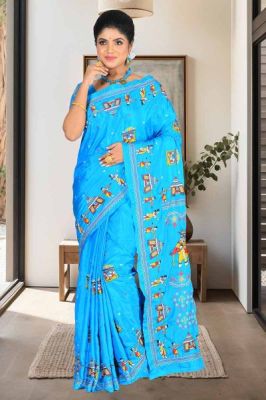Aqua Blue Handloom Kantha Stitch Saree From Bengal