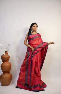 Red Pure Handloom Tissue Cotton Saree From Bengal