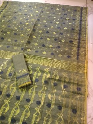 Olive Green Pure Handloom Dhakai Jamdani Saree From Bengal