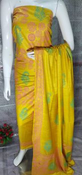 Yellow Katan Slub Block Print Suit Dress Material