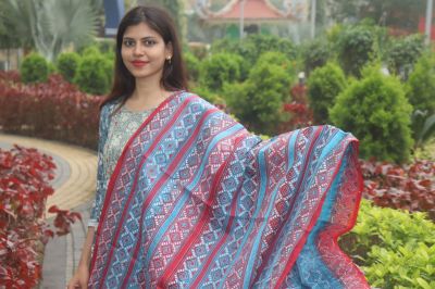 Blue Red Kantha stitch Pure Handloom Dupatta From Bengal