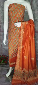 Orange Katan Slub Block Print Suit Dress Material