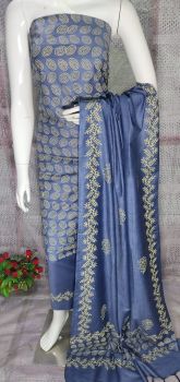 Greyish Blue Katan Slub Block Print Suit Dress Material
