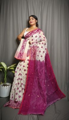 White Pure Handloom Dhakai Jamdani Saree From Bengal