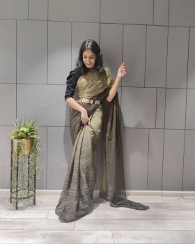 Black Cream Ready To Wear Stripes Chiffon Saree