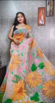 Off White Hand Printed Pure Handloom Organza Saree