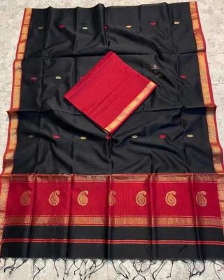 Black Pure Handloom Maheswari Silk Cotton Saree From Bengal