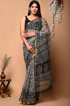 Battleship Grey Hand Block Kota Doriya Printed Leaf Design Saree