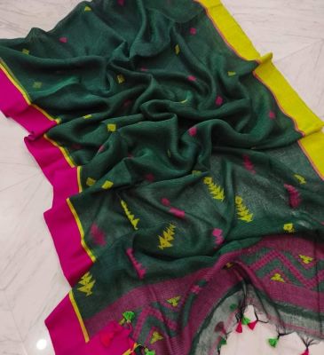 Bottle Green Pure Handloom Linen By Linen Saree From Bengal