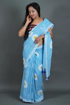 Sky Blue Pure Handloom Cotton Saree From Bengal