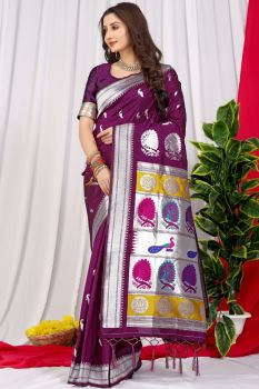 Violet Peacock Design Rich Pallu Meenakari Work Paithani Soft Silk Saree