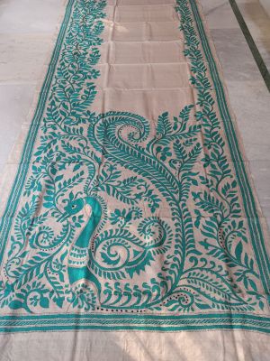 Green Pure Handloom Kantha Silk Saree From Bengal
