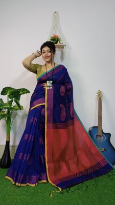 Navy Blue Pure Handloom Silk Cotton Saree From Bengal