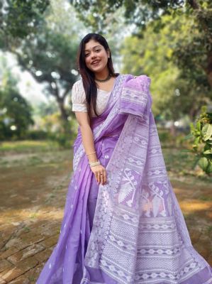 Lavender Pure Handloom Dhakai Jamdani Saree From Bengal