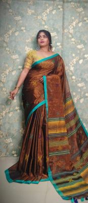 Brown Pure Handloom Tissue Silk Saree From Bengal