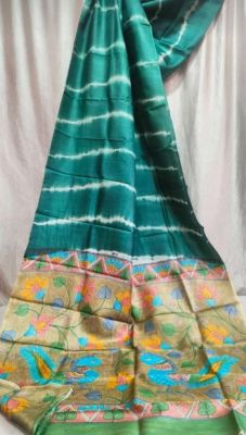 Dark Teal Pure Handloom Kantha Silk Saree From Bengal