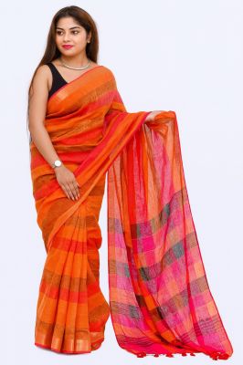Orange Linen By Linen Pure Handloom Saree From Bengal