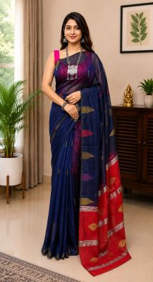 Navy Blue Black Pure Handloom silk Cotton Saree From Bengal