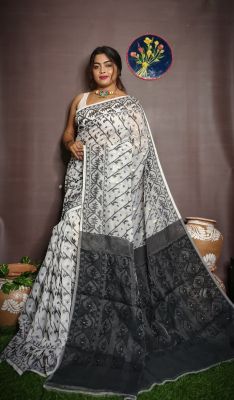 White Pure Handloom Dhakai Jamdani Saree From Bengal
